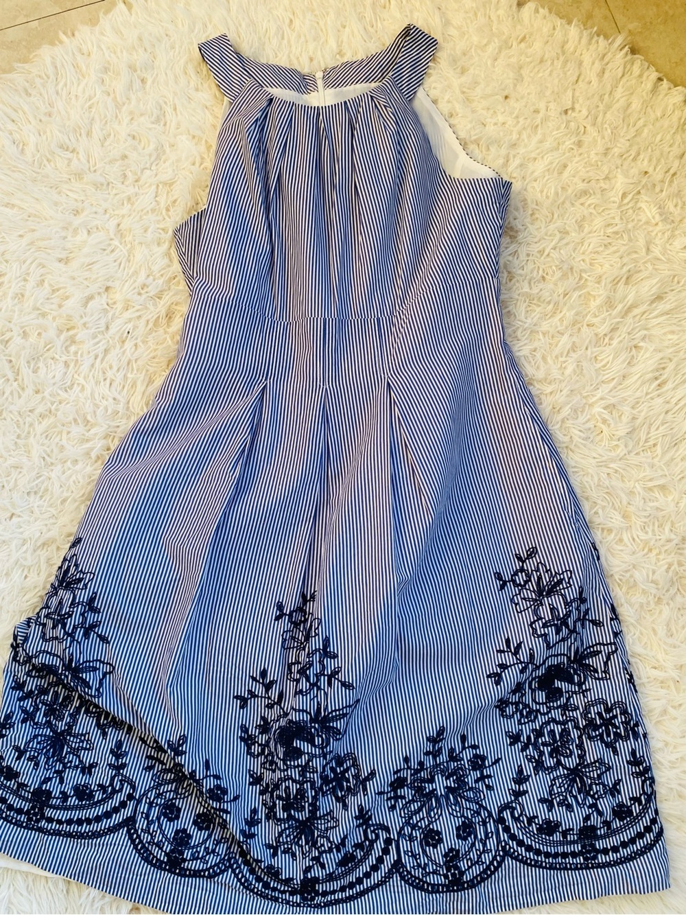 Nine West Blue White Pinstripe Embroidered Fit and Flare Dress - Size 6
